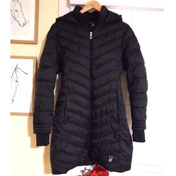 Spyder Women's Black Hooded Long Lightweight Puffer Jacket Streetwear sz Medium - Picture 1 of 8